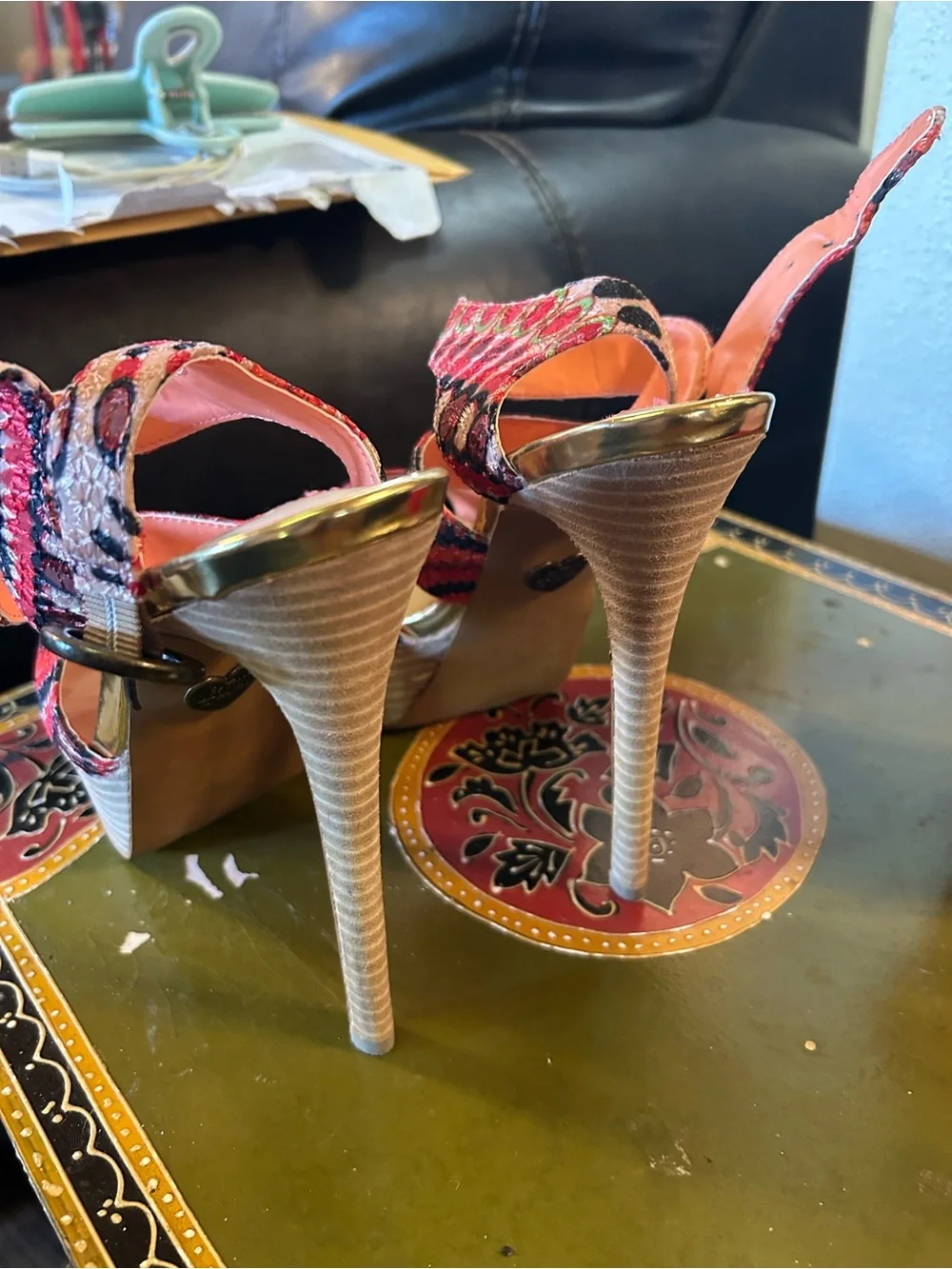 Betsey Johnson Red and Gold Patterned Platform Strappy Heels